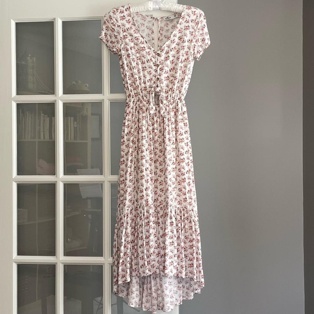 Hollister Summer Dress Size XS White Pink Floral w Pockets Cottagecore High Low